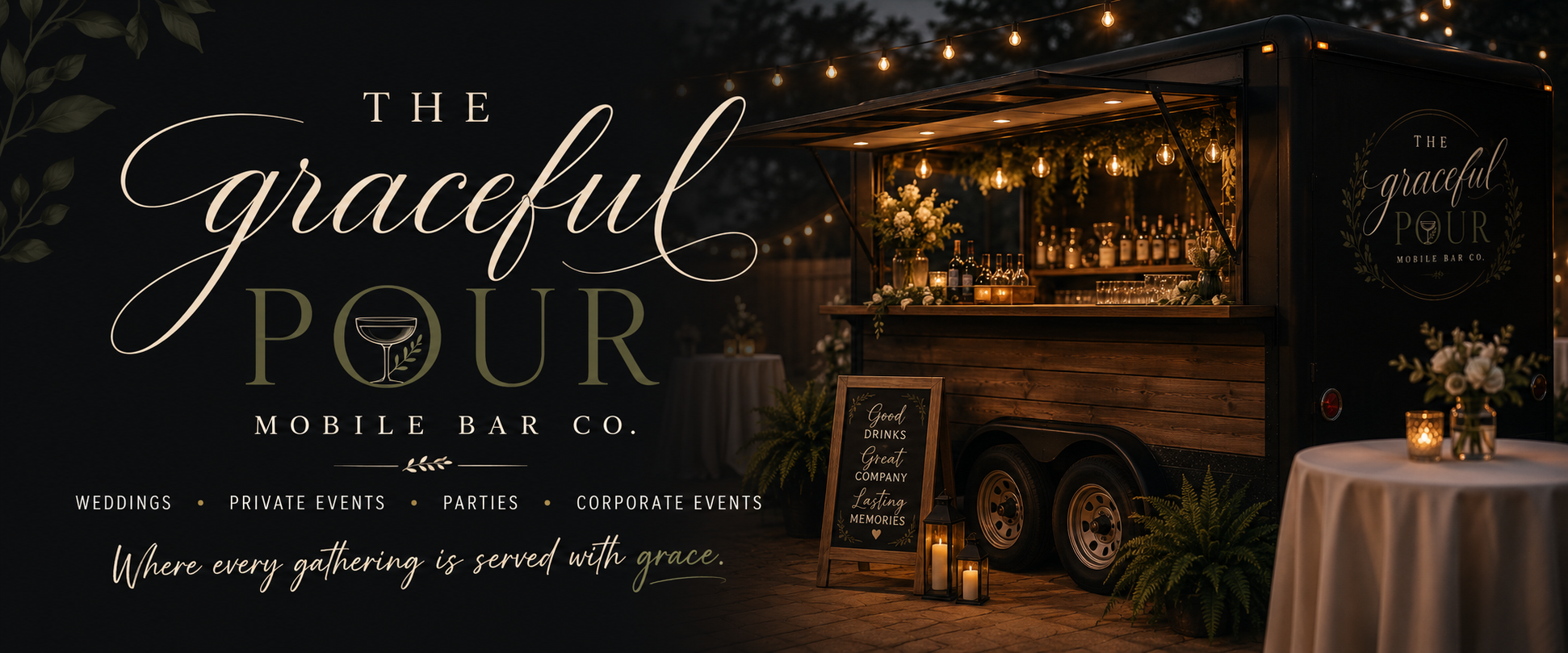 The Graceful Pour mobile bar glowing beneath string lights at an evening event